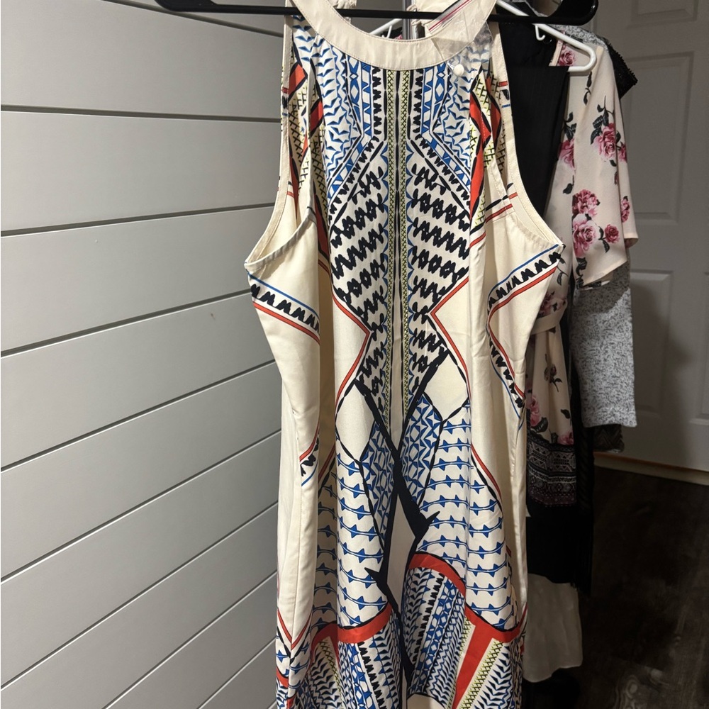 VENUS Geometric Print Dress - Cream, Red, Blue